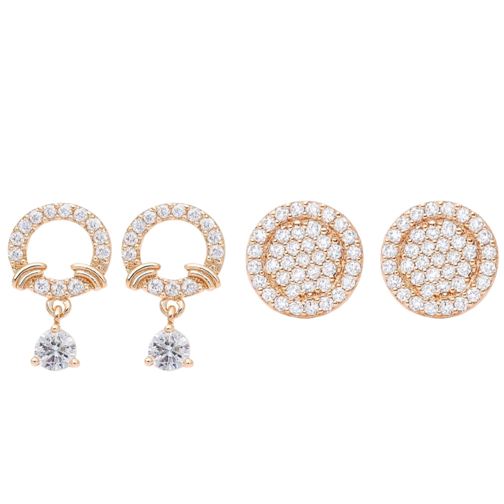 Nilu's Collection Rose Gold Plated Combo Round &  Drop Earrings With American Diamond For Women & Girls