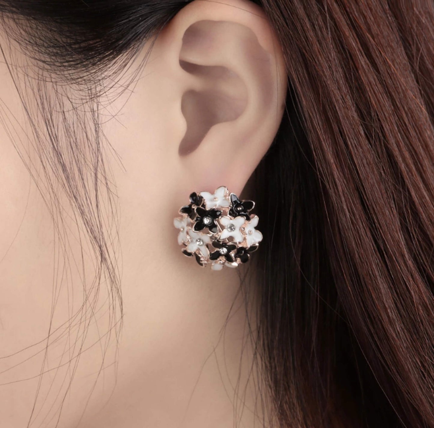 Crystal Flower Clover Stud Earrings for Women and Girl (Black & White and Beige & White)