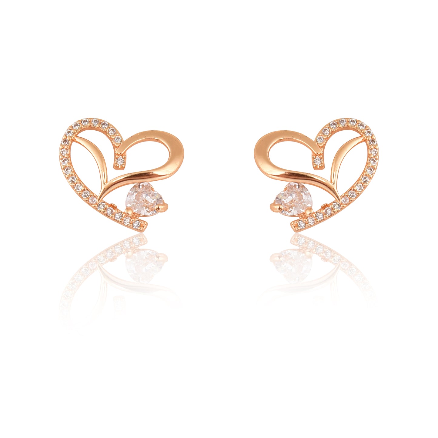 American Diamond Rose Gold Plated Love Shaped Pendant Necklace Set with Chain & Stud Earring for Girls and Women