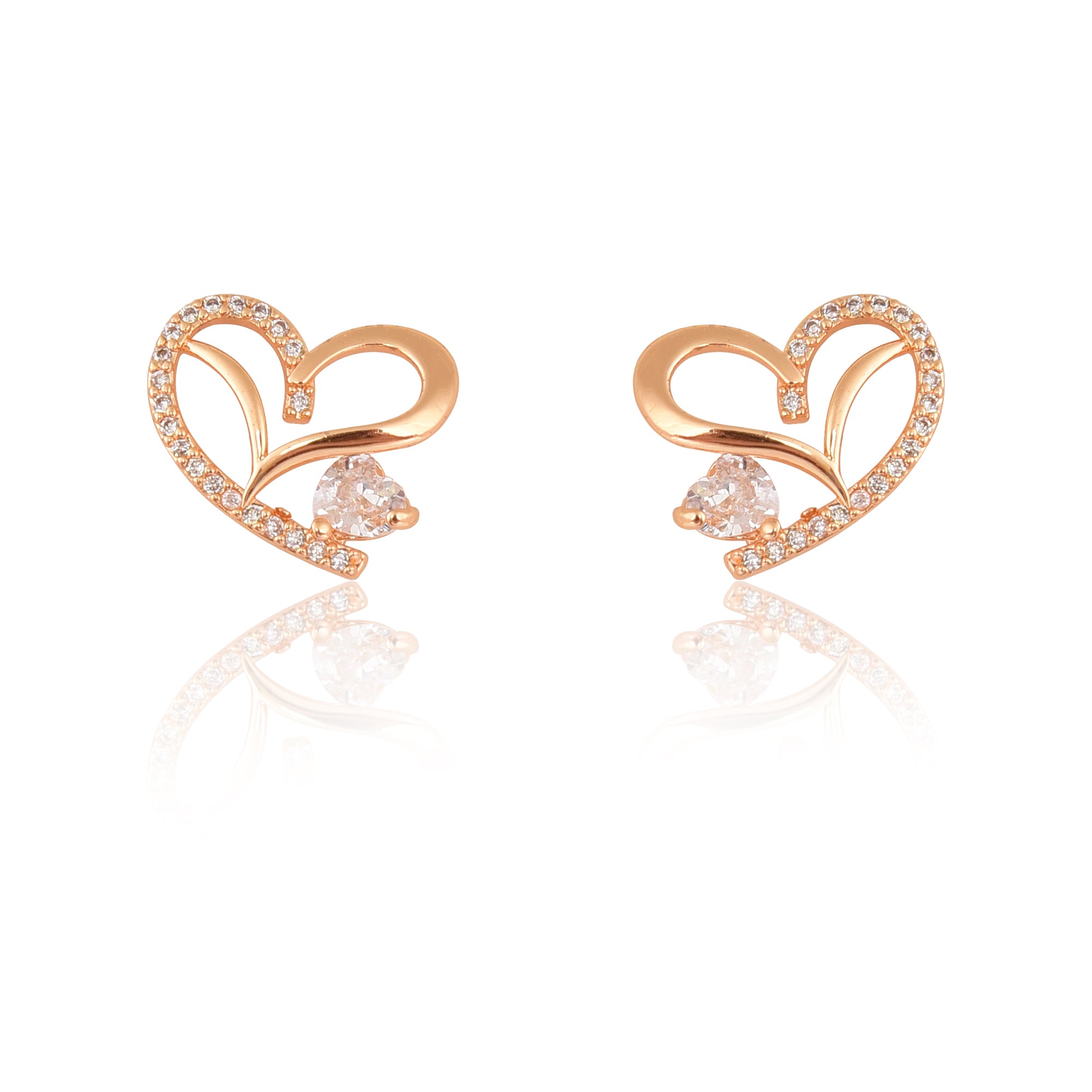 American Diamond Rose Gold Plated Love Shaped Pendant Necklace Set with Chain & Stud Earring for Girls and Women