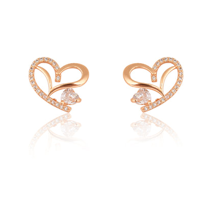 American Diamond Rose Gold Plated Love Shaped Pendant Necklace Set with Chain & Stud Earring for Girls and Women