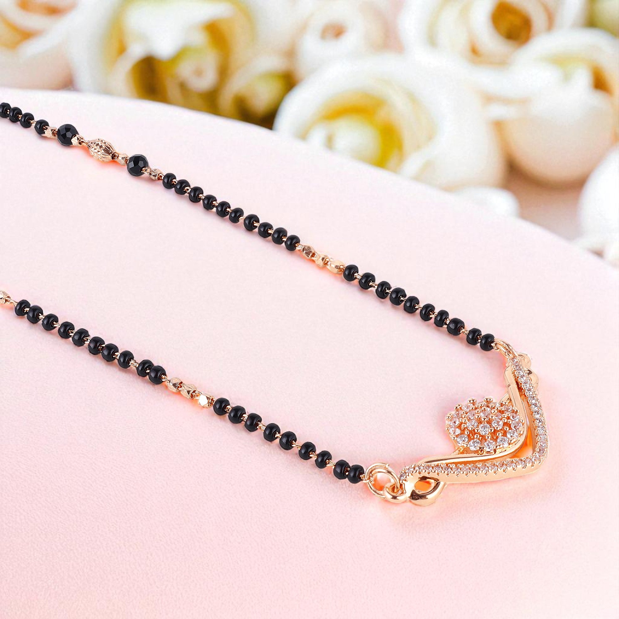 Nilu's Collection Rose Gold Plated CZ Stones  Floral Mangalsutra With  Black Beads For Women