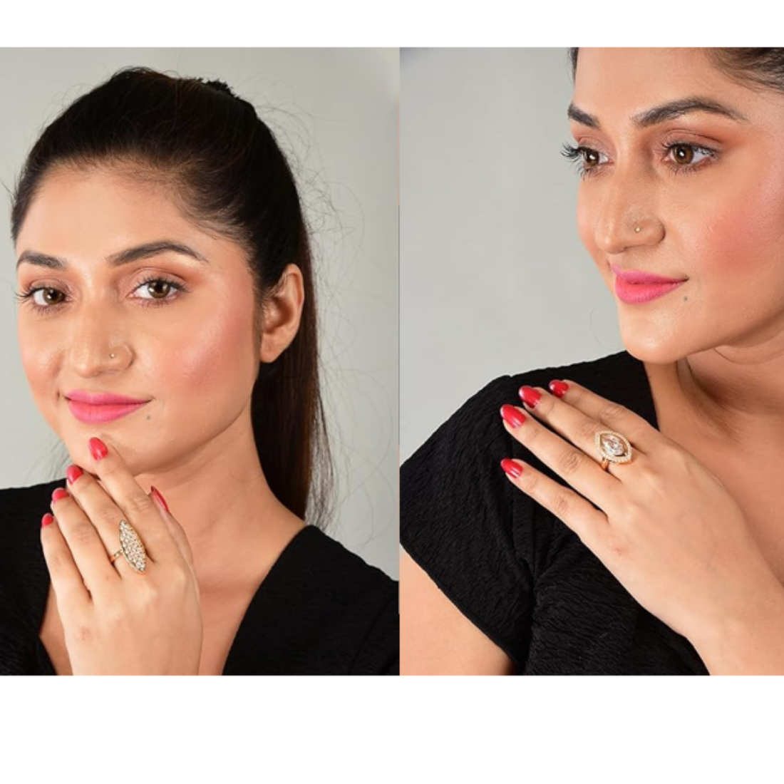 Nilu's Collection Rose Gold-Plated Finger Rings with Sparkling American Diamond Cluster Design For Women &Girls
