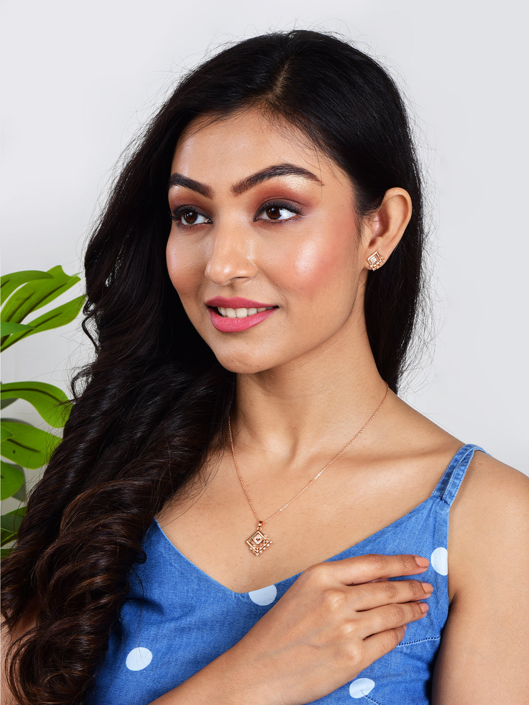 American Diamond Rose Gold Plated Designer Pendant Necklace Set with Chain & Stud Earring for Girls and Women