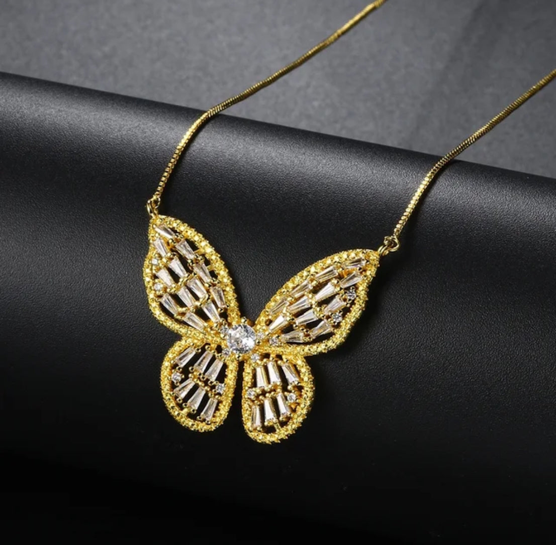 Gold Plated Zircon Studded Butterfly Pendant Necklace, Gift Necklace for Women and Girls