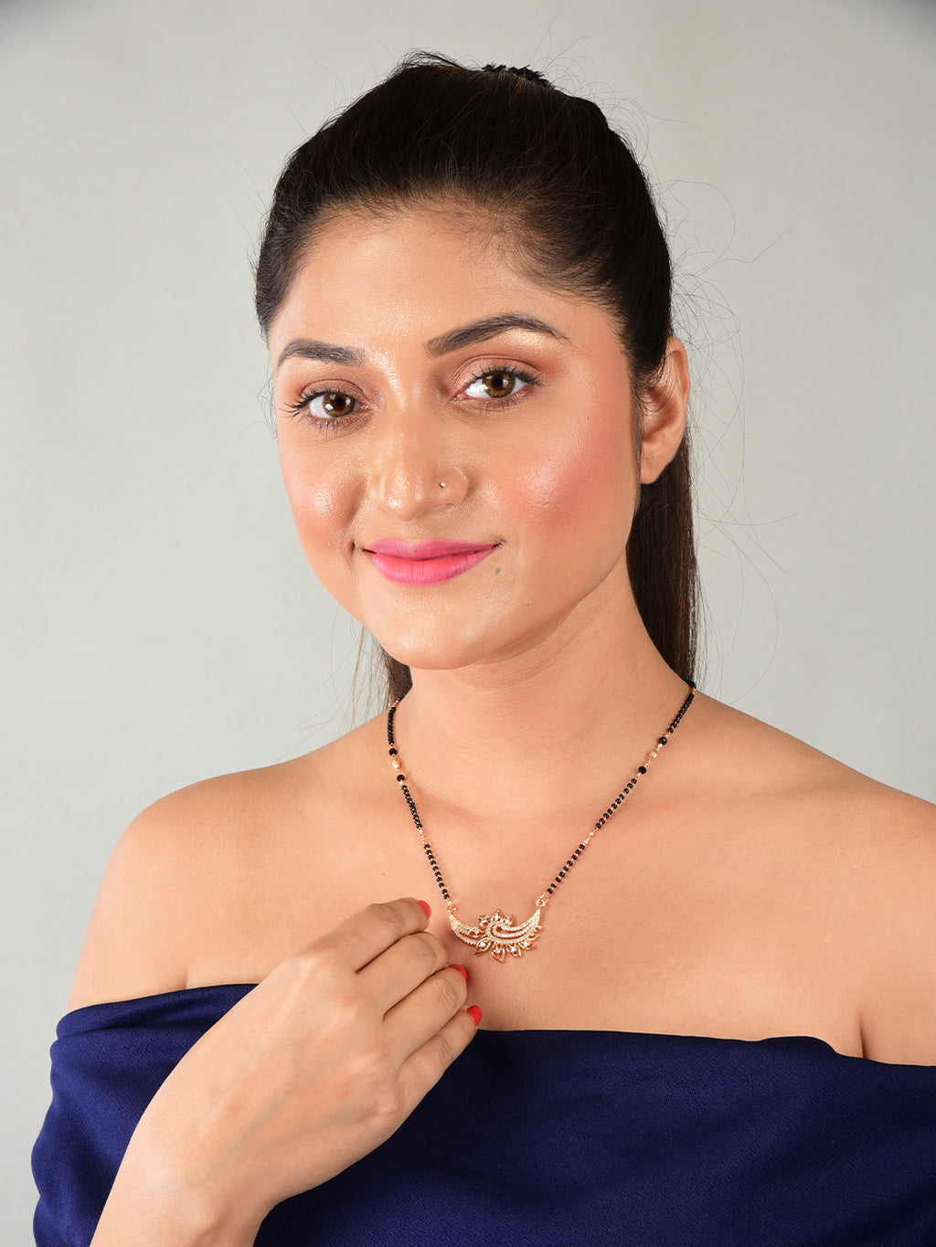 Nilu's Collection Rose Gold Plated Mangalsutra with Motif & Black Beads for Women