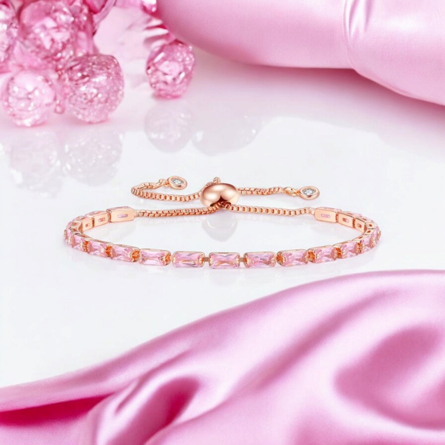 Rose Gold Plated Cubic Zirconia Adjustable Bracelet, Stylish Fashion Jewellery Gift for Girls & Women (Pink)