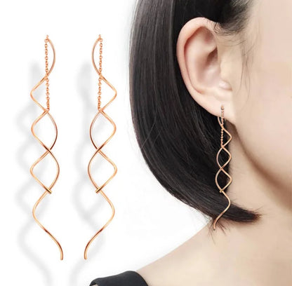 Spiral Threader Earrings for Women, Twisted Spiral Drop Dangle Earrings, Unique Minimal Everyday Earrings (Rose Gold)