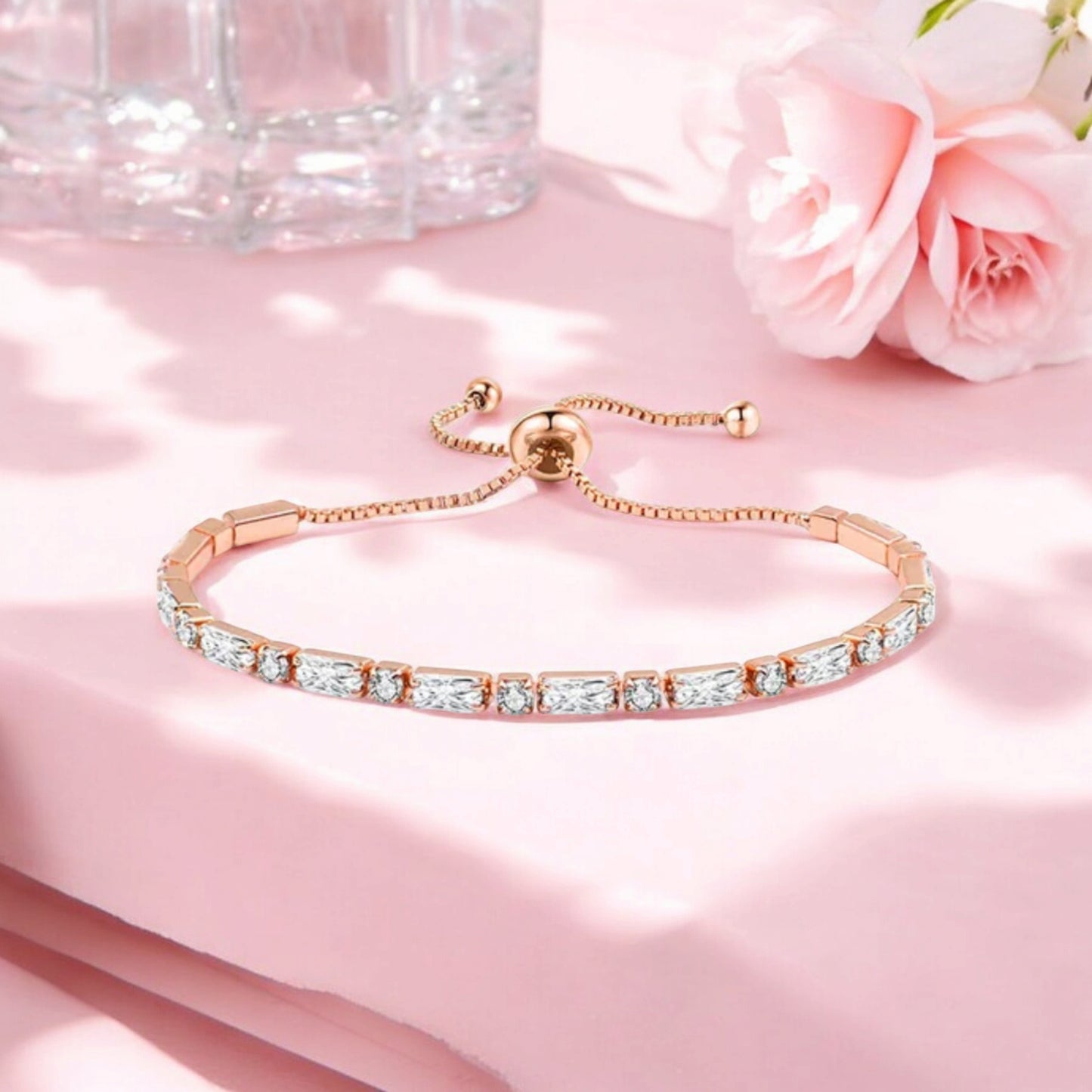 Rose Gold Plated Cubic Zirconia Adjustable Bracelet, Stylish Fashion Jewellery Gift for Girls & Women (White)