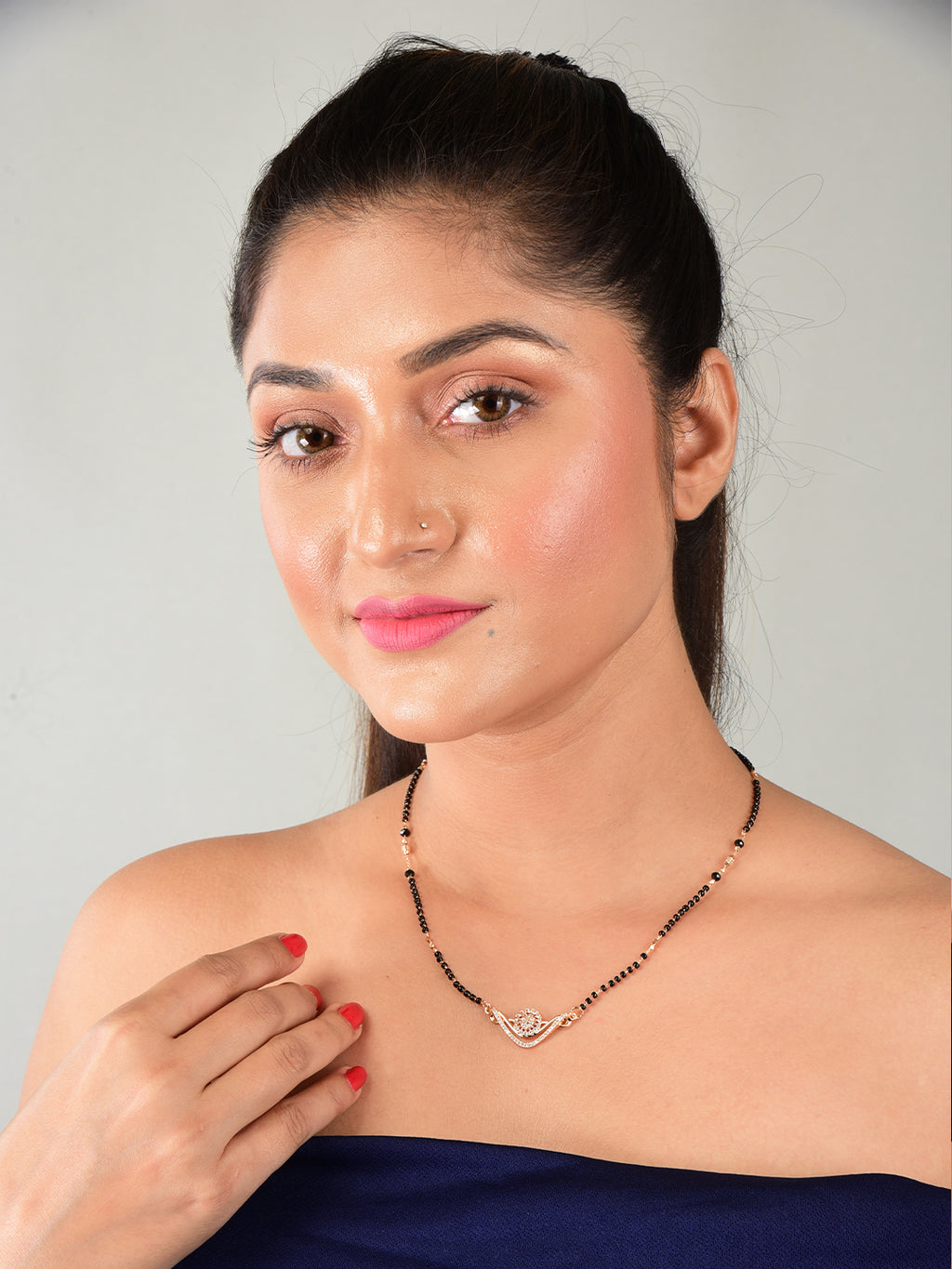 Nilu's Collection Rose Gold Plated CZ Stones  Floral Mangalsutra With  Black Beads For Women