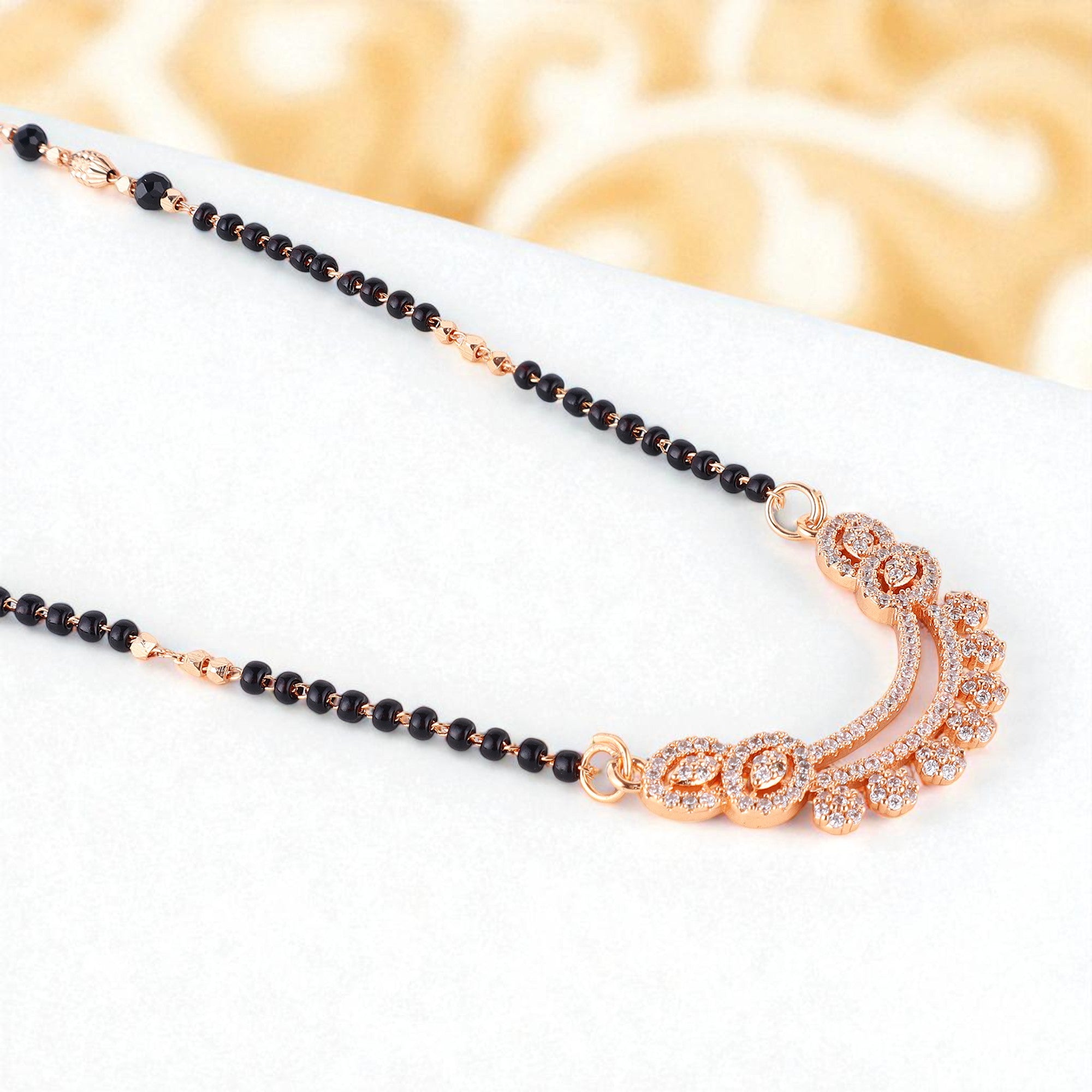 Nilu's Collection Rose Gold Plated CZ Stones Mangalsutra with Black Beads for Women
