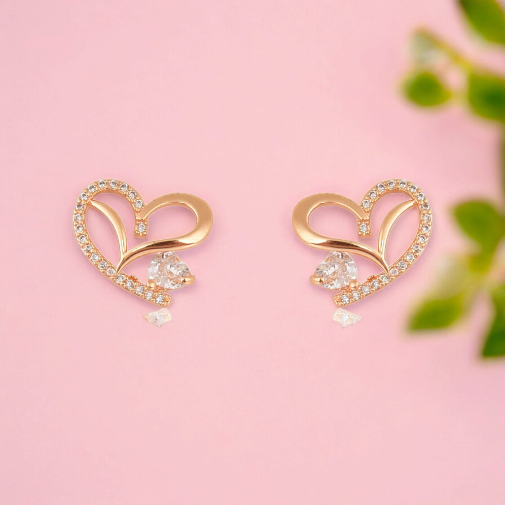 American Diamond Rose Gold Plated Love Shaped Pendant Necklace Set with Chain & Stud Earring for Girls and Women