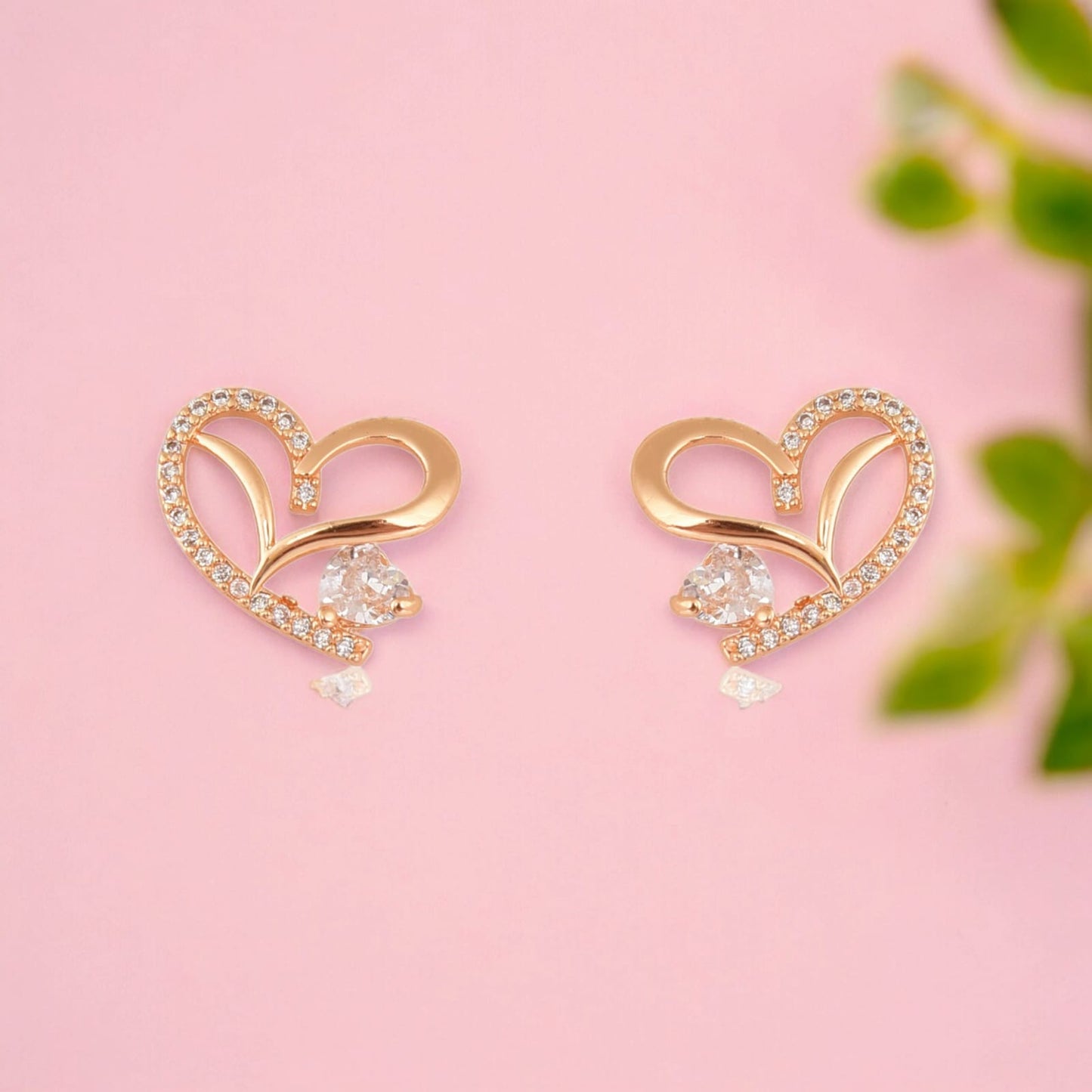 American Diamond Rose Gold Plated Love Shaped Pendant Necklace Set with Chain & Stud Earring for Girls and Women