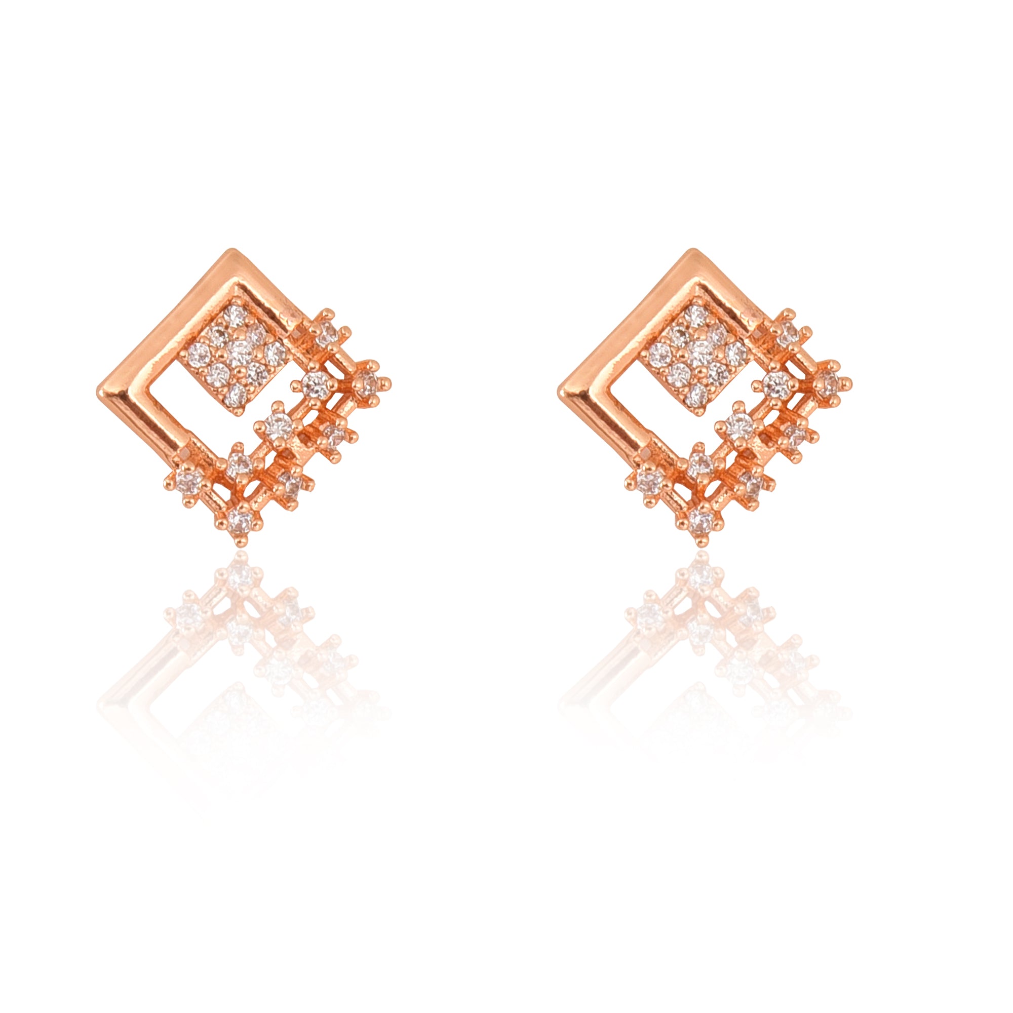 American Diamond Rose Gold Plated Designer Pendant Necklace Set with Chain & Stud Earring for Girls and Women