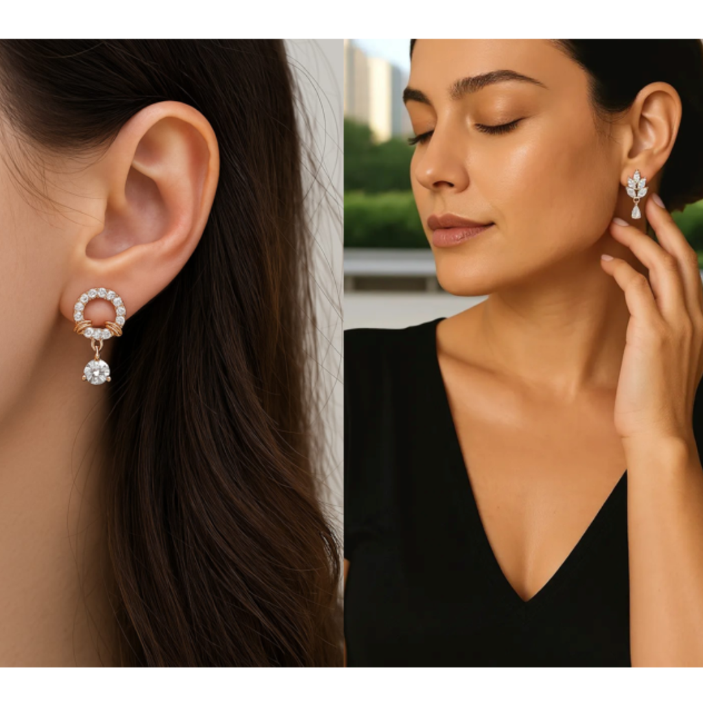 Nilu's Collection Rose Gold Plated Comb Earrings With American Diamond For Women & Girls