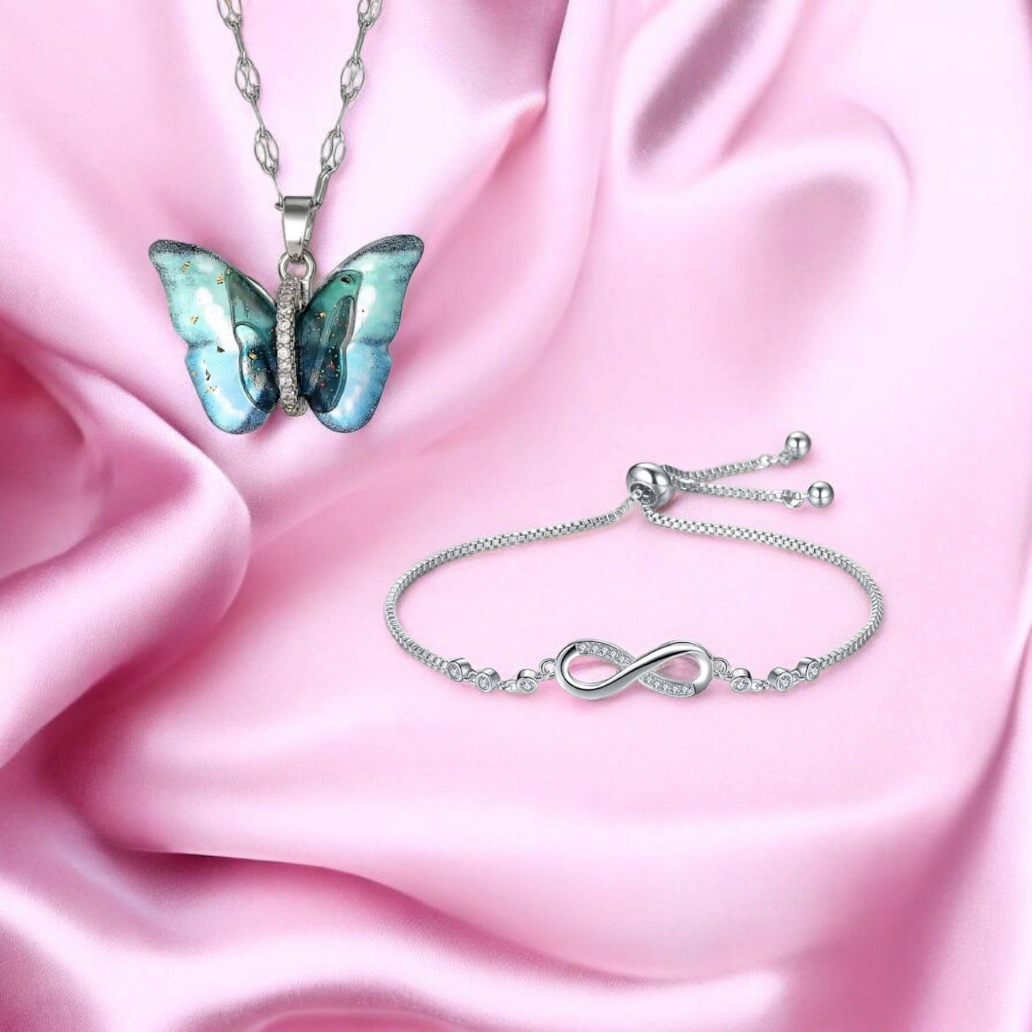 Combo of Butterfly Pendant Necklace and Infinity Bracelet for Women & Girls | Neck Chain | Locket | Modern Design | Fancy & Stylish Accessories for Everyday Wear (Silver)