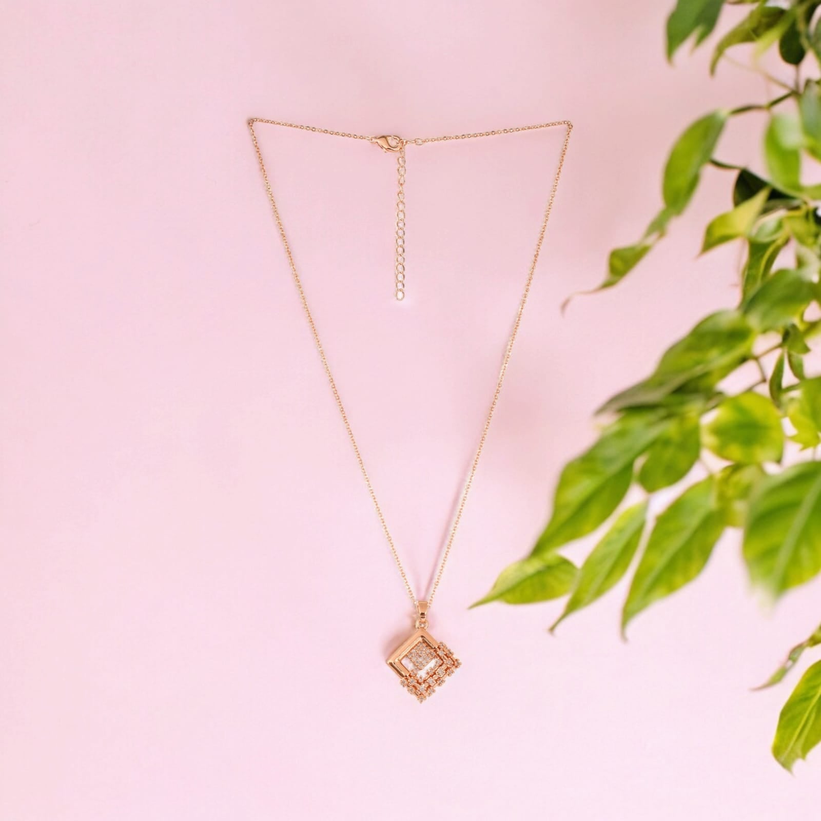 American Diamond Rose Gold Plated Designer Pendant Necklace Set with Chain & Stud Earring for Girls and Women