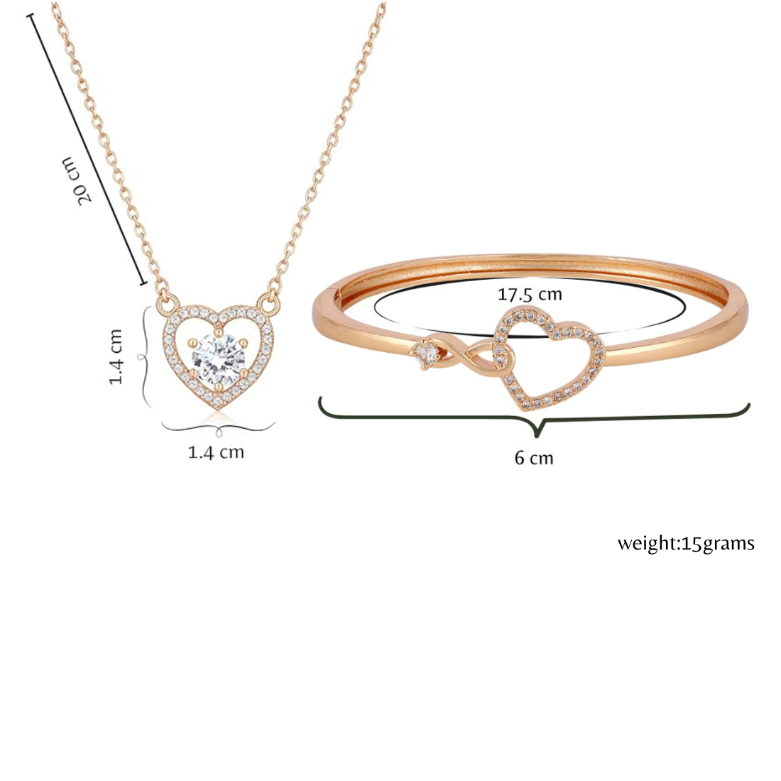Nilu's Collection Rose Gold Plated Heart Necklace and Kada Bracelet Set for Women & Girls