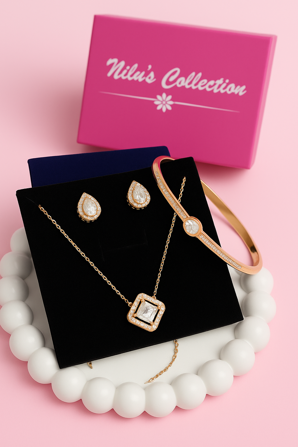 Nilu's Collection Rose Gold Plated Pendant With Earrings And Kada bracelet With American Diamond For Women And Girls