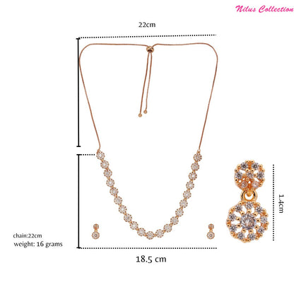 Rose Gold Plated American Diamond Necklace And Pair Of Earrings Jewellery Set for Women | Special Ocassion, Wedding, Engagement, Dating | Anti Tarnish | Anti Allergy | Necklace and Earring Set | Gift for Her