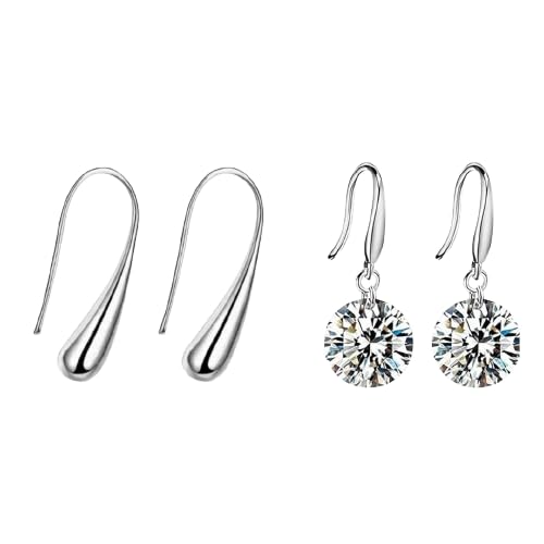 Combo of 2 Pair Earring Fashion Jewellery, Lightweight Silver Plated Water Drop Stud and Crystal Hanging Earrings, Perfect for Women