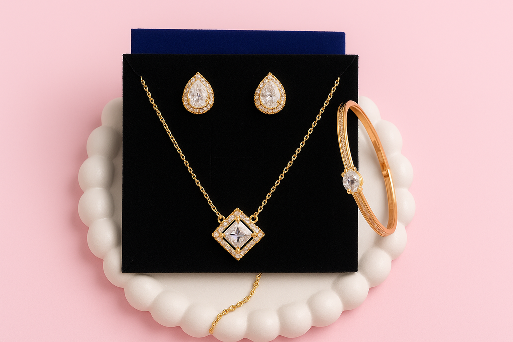 Nilu's Collection Rose Gold Plated Pendant With Earrings And Kada bracelet With American Diamond For Women And Girls