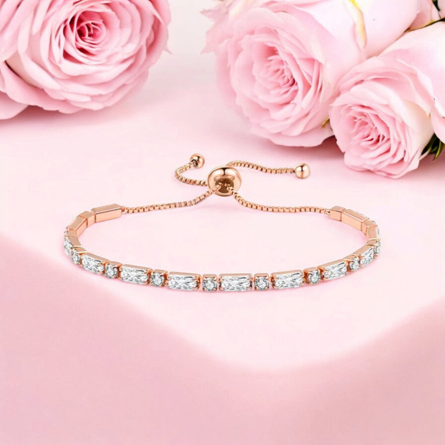 Rose Gold Plated Cubic Zirconia Adjustable Bracelet, Stylish Fashion Jewellery Gift for Girls & Women (White)