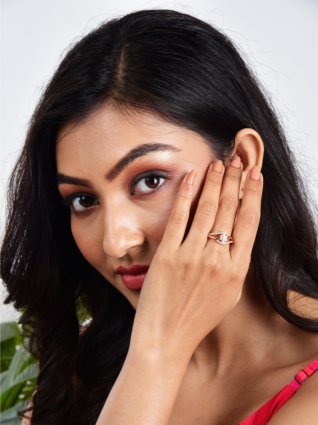 Rose Gold Plated | American Diamond Studded | Adjustable | Finger Ring for Women and Girls