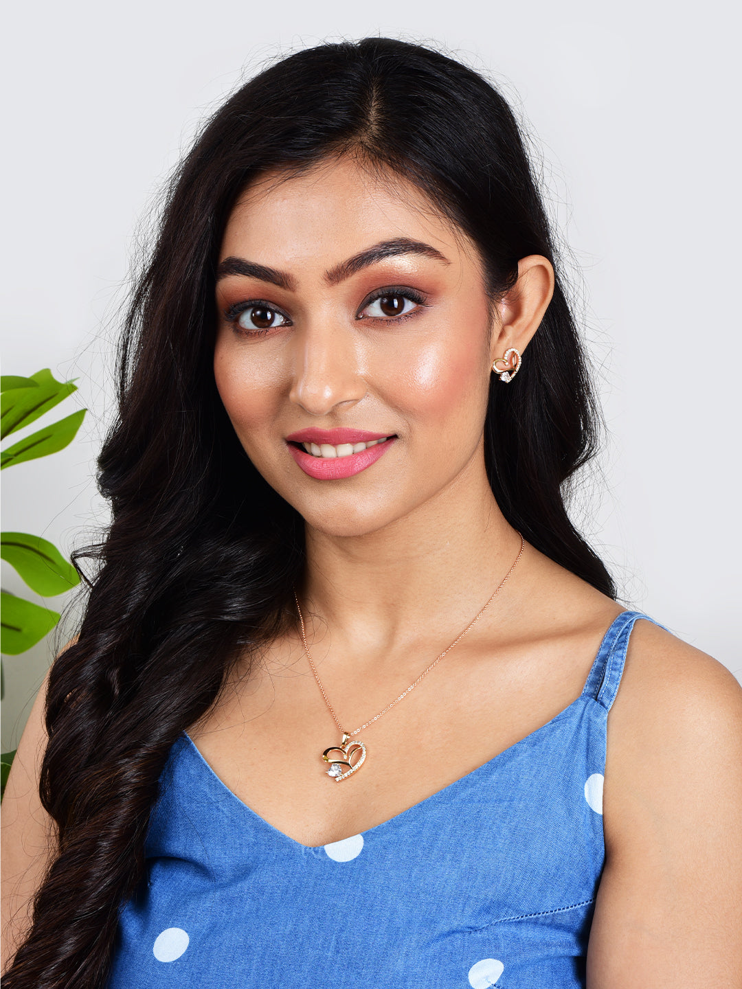 American Diamond Rose Gold Plated Love Shaped Pendant Necklace Set with Chain & Stud Earring for Girls and Women