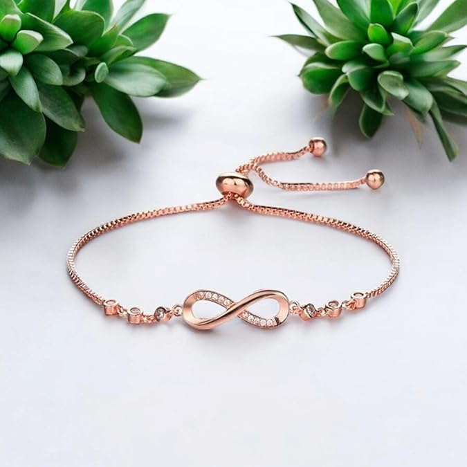 Stylish Rose Gold Plated CZ Chain Pendent with Infinity Bracelet for Girls and Women| Heart Shaped Pendant with Rose engraved| Gift
