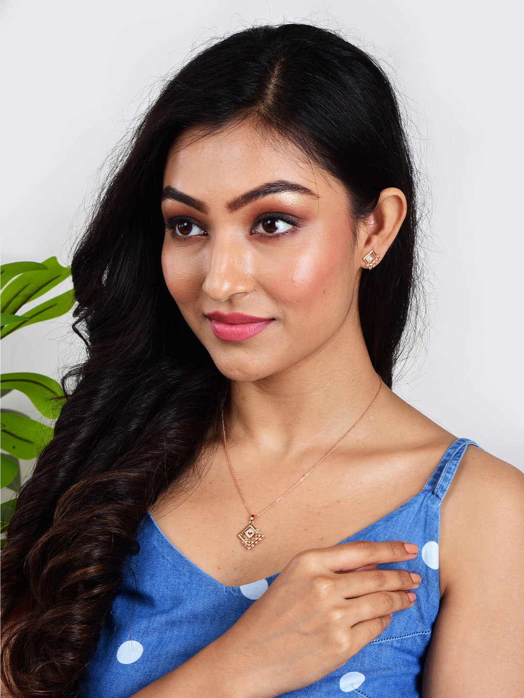 American Diamond Rose Gold Plated Designer Pendant Necklace Set with Chain & Stud Earring for Girls and Women