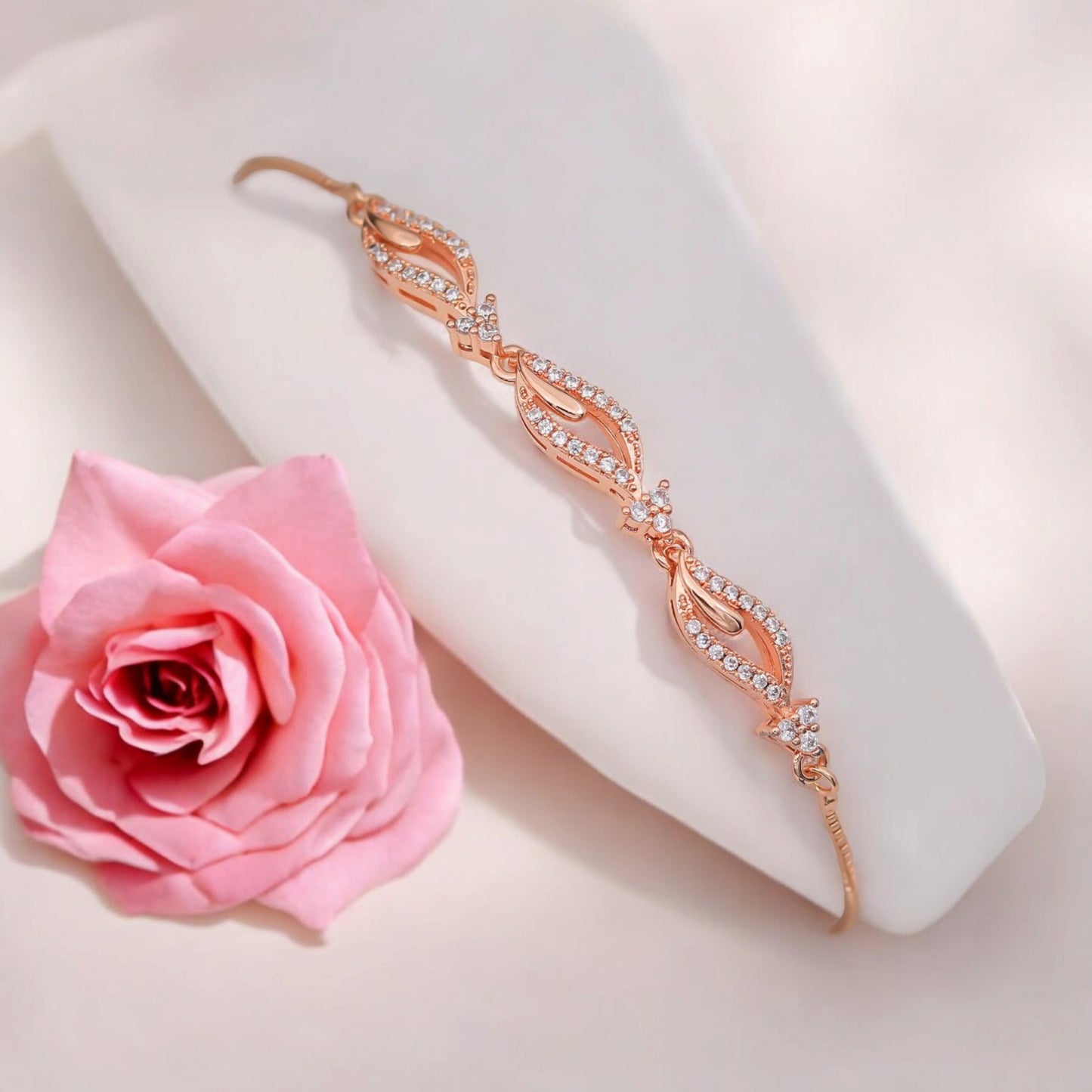 Rose Gold Plated American Diamond Adjustable Bracelet, Stylish Fashion Jewellery Gift for Girls & Women