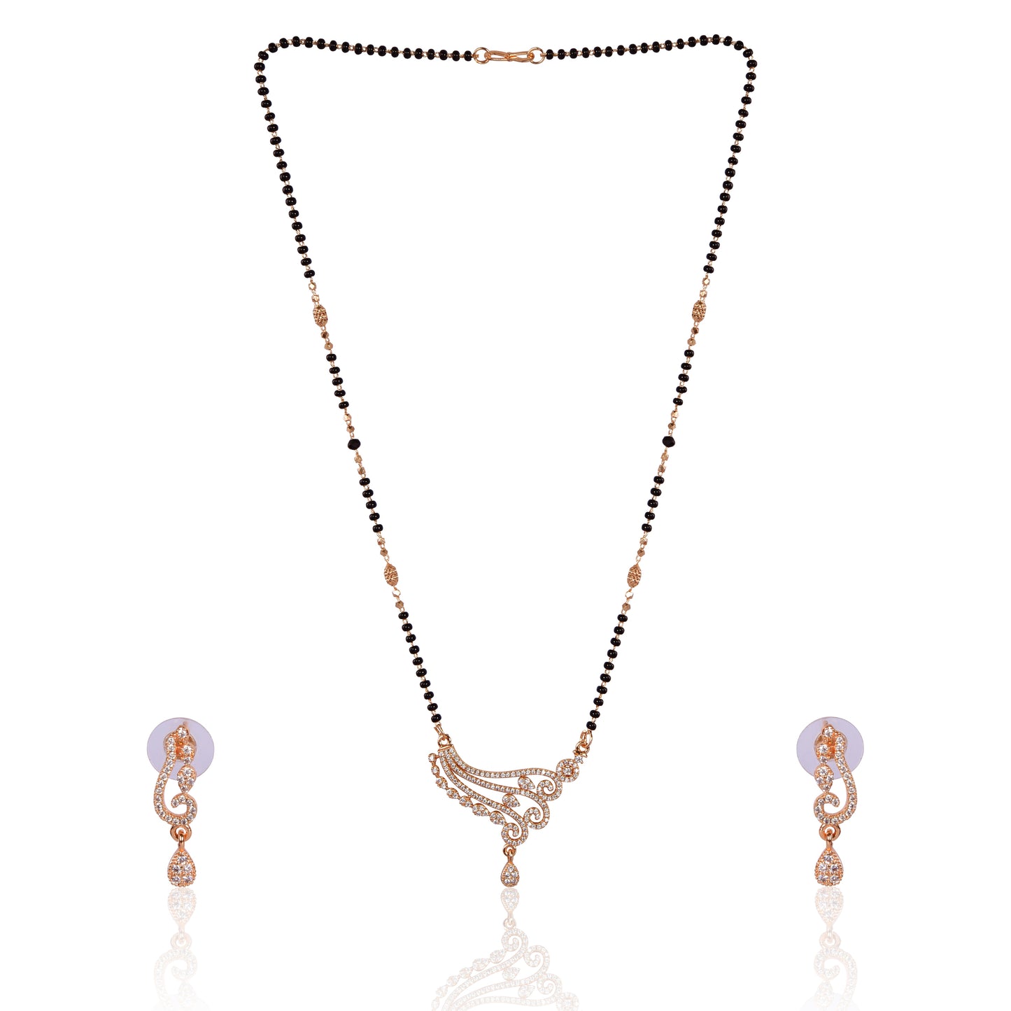 American Diamond Rose Gold Plated Designer Mangalsutra Pendant with Earrings Set for Girls and Women (With Chain)