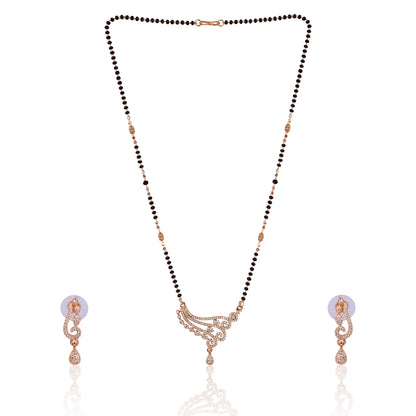 American Diamond Rose Gold Plated Designer Mangalsutra Pendant with Earrings Set for Girls and Women (With Chain)