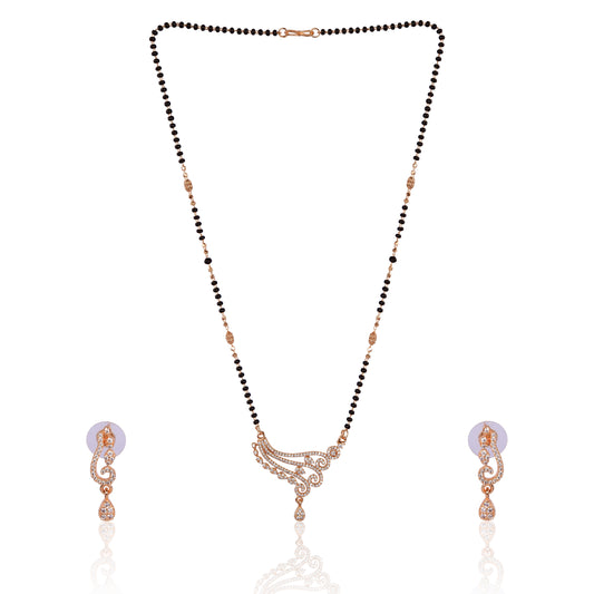 American Diamond Rose Gold Plated Designer Mangalsutra Pendant with Earrings Set for Girls and Women (With Chain)