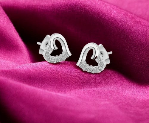 Stone Studded Heart Shape Stud Earrings for Baby Girls/ Women /Girls (Silver)