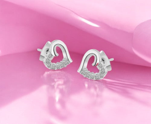 Stone Studded Heart Shape Stud Earrings for Baby Girls/ Women /Girls (Silver)