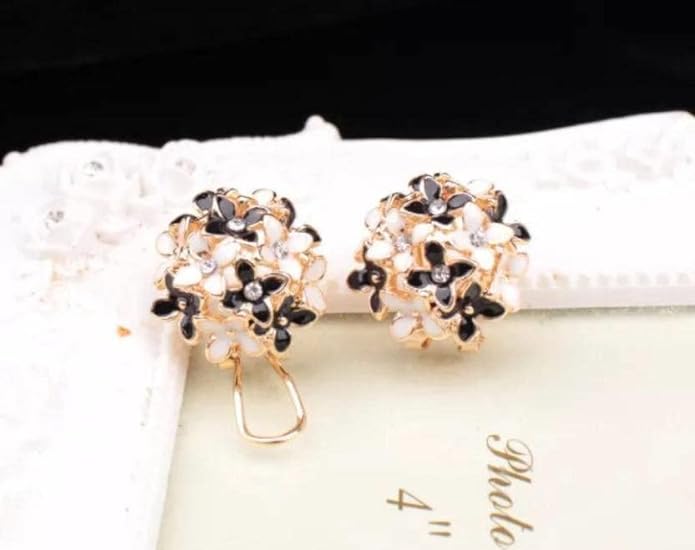 Crystal Flower Clover Stud Earrings for Women and Girl (Yellow & White and Black & White)