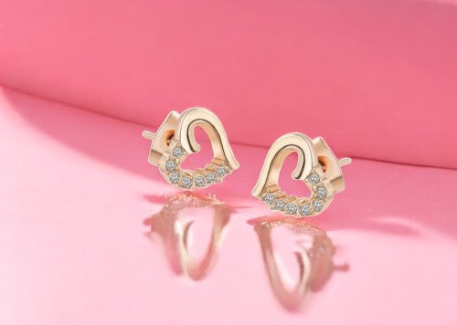 Stone Studded Heart Shape Stud Earrings for Baby Girls/ Women /Girls (Rose Gold)