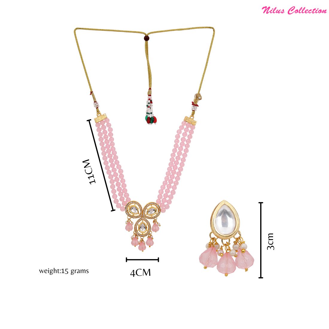 Traditional Necklace with Elegant Triple-Layer Pink Moti Pearl Beads and Decorative Pendant And Pair Of Earrings For Girls And Womens