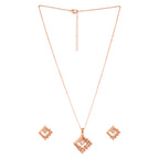 American Diamond Rose Gold Plated Designer Pendant Necklace Set with Chain & Stud Earring for Girls and Women