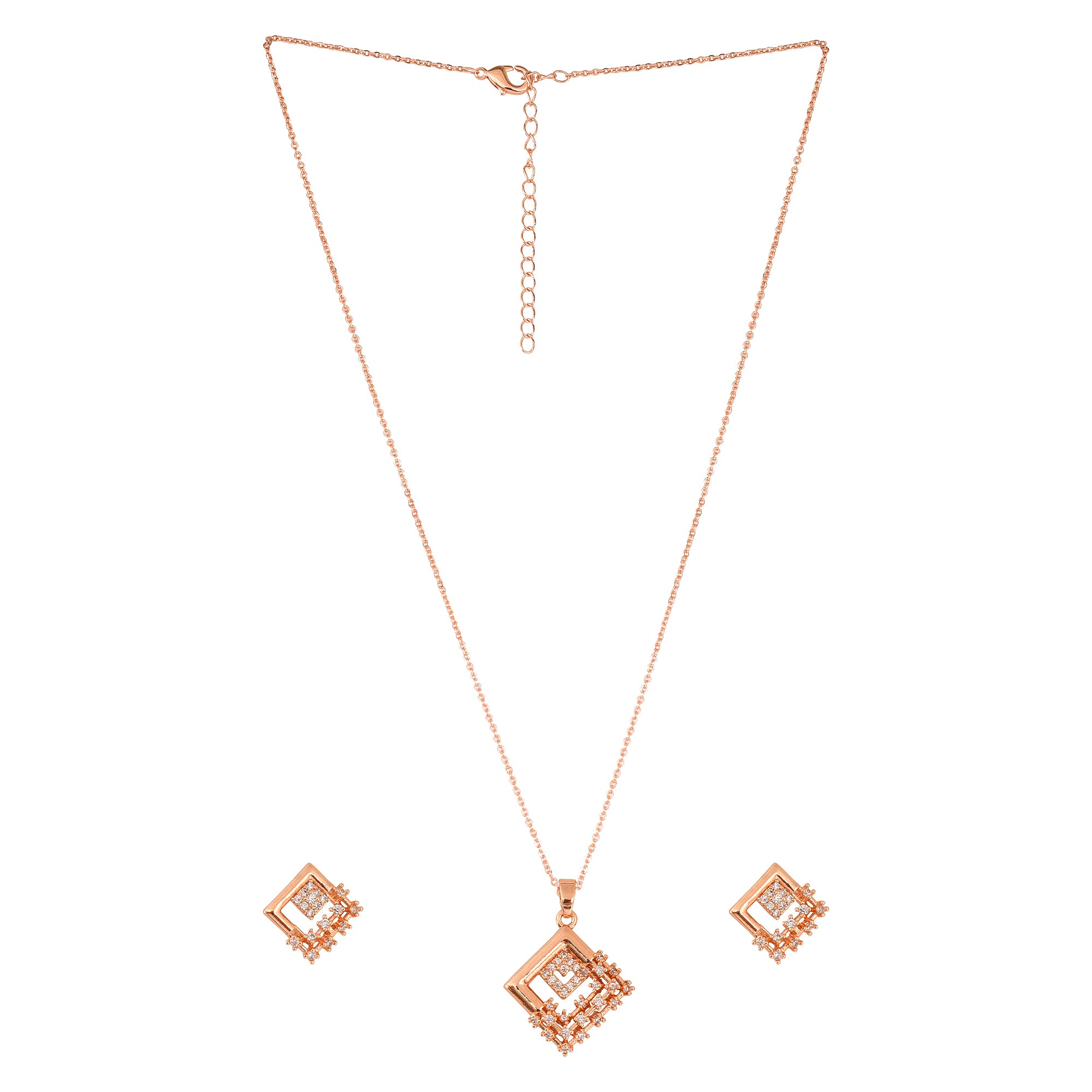 American Diamond Rose Gold Plated Designer Pendant Necklace Set with Chain & Stud Earring for Girls and Women