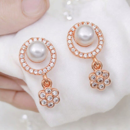 Simulated Pearl Drop Earrings for Women, Cubic Zirconia Pearl Beads Earring, Rose Gold