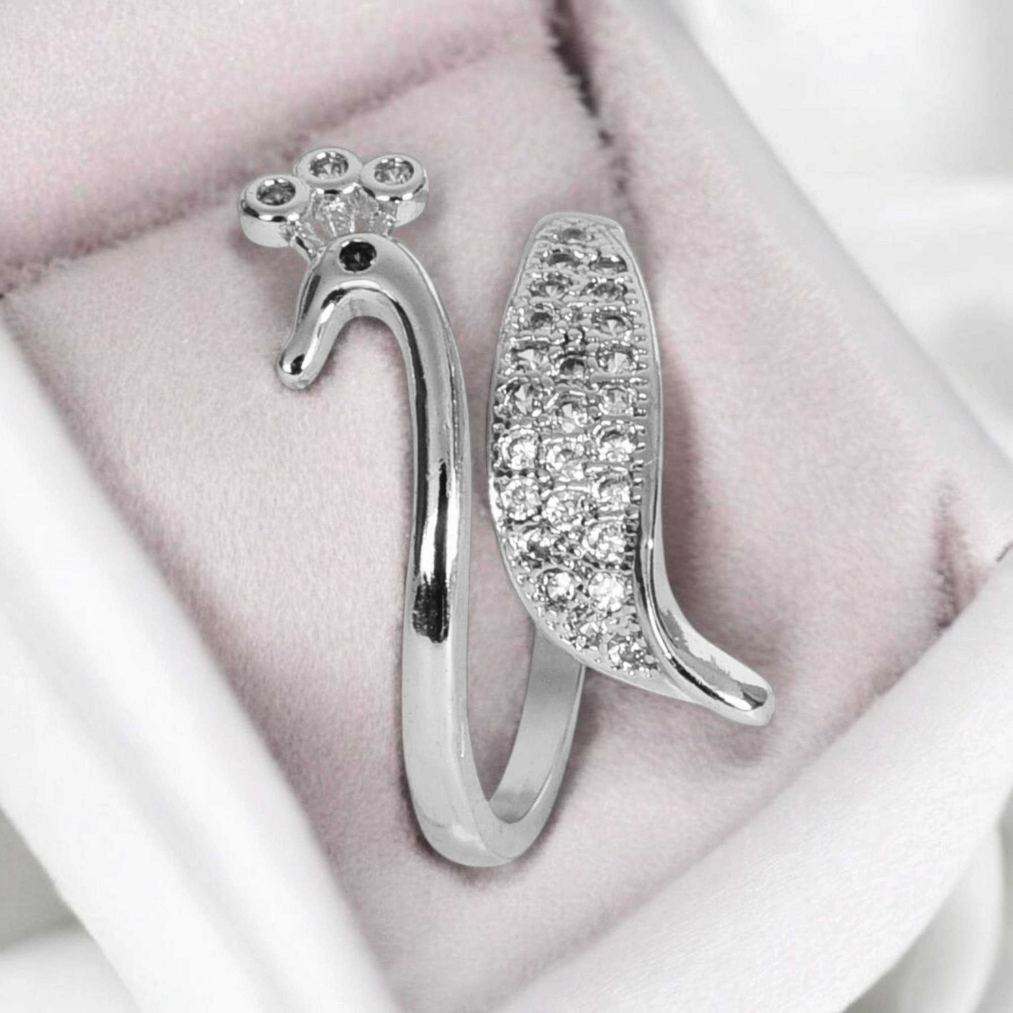 Silver Plated Elegant American Diamond Studded Sparkling Adjustable Finger Ring for Women and Girls