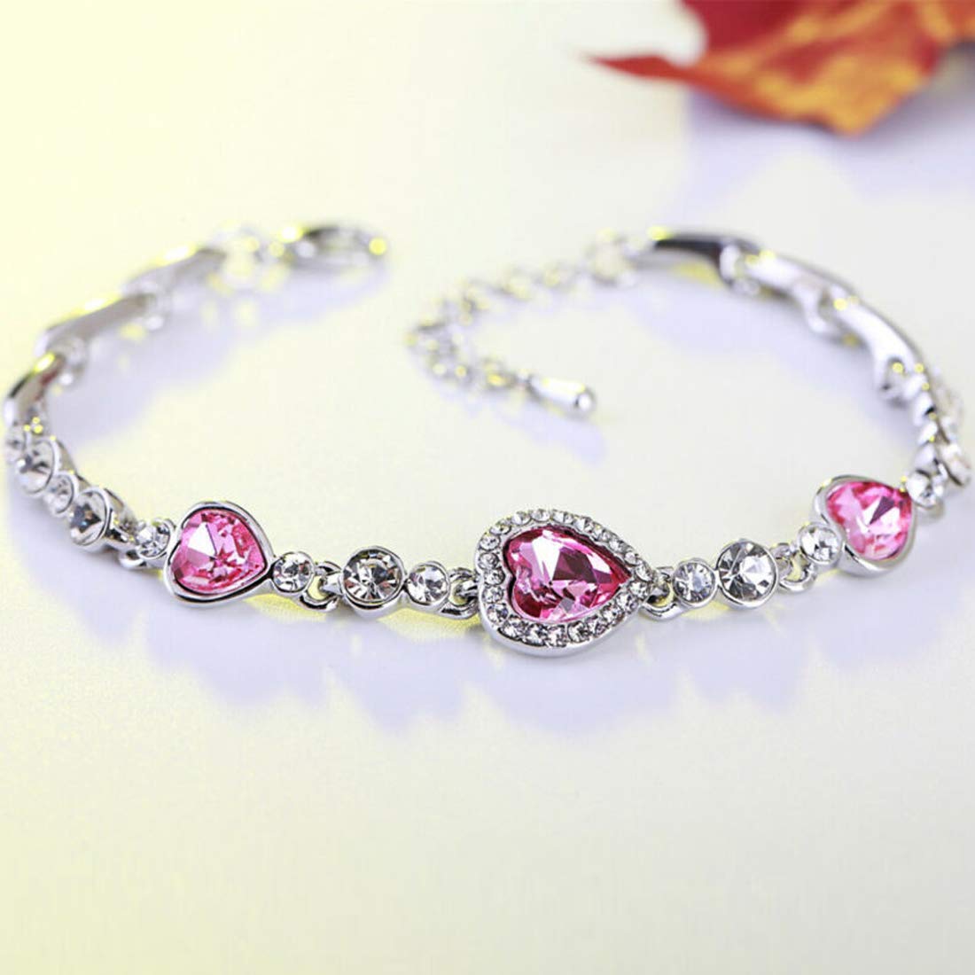 Nilu's Collection Heart shape Cubic Zirconia Stone Gorgeous Bracelets Jewelry for Women and Girls (Pink)