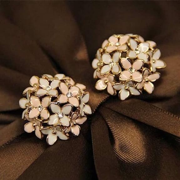 Crystal Flower Clover Stud Earrings for Women and Girl (Black & White and Beige & White)