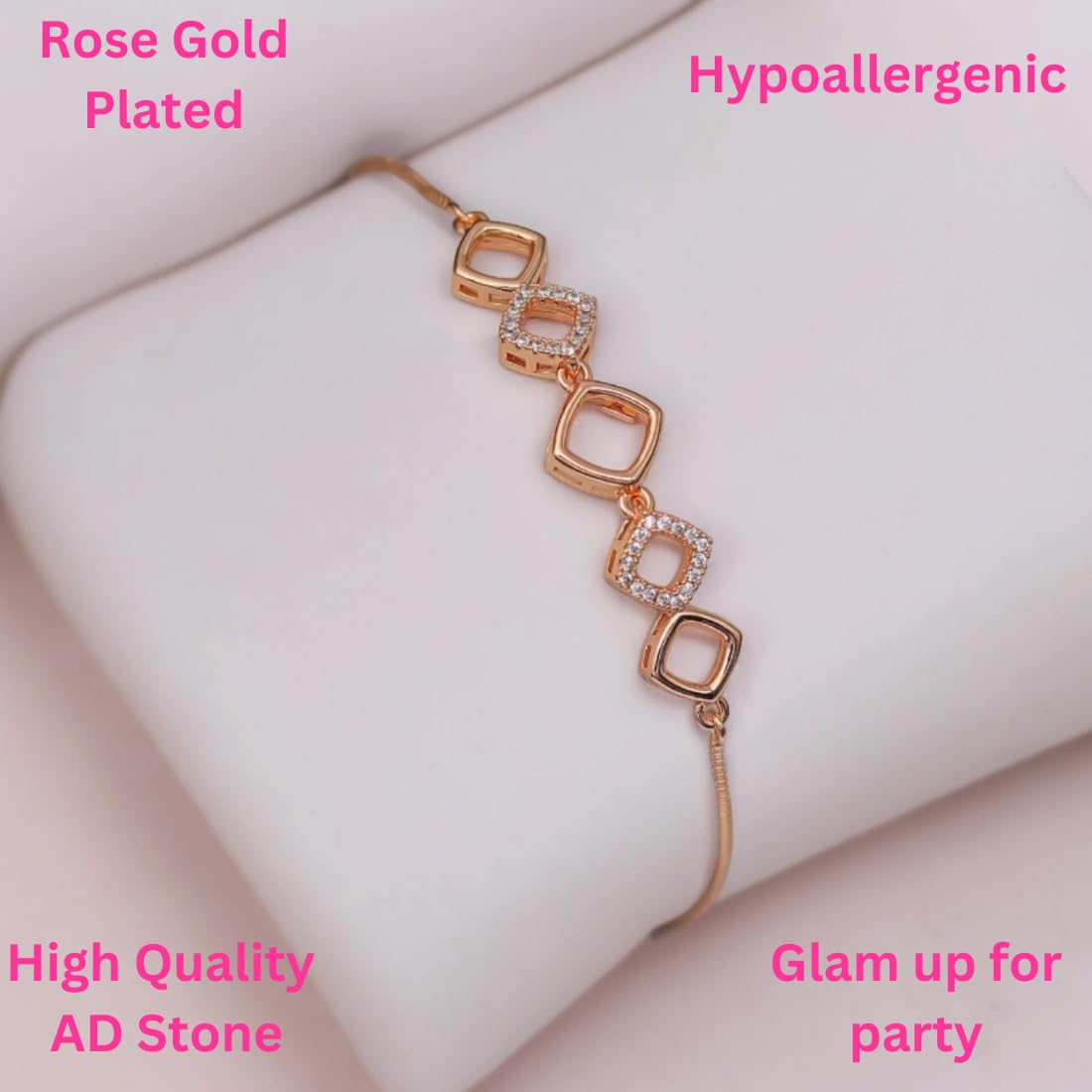 Rose Gold Plated American Diamond Adjustable Bracelet, Stylish Fashion Jewellery Gift for Girls & Women
