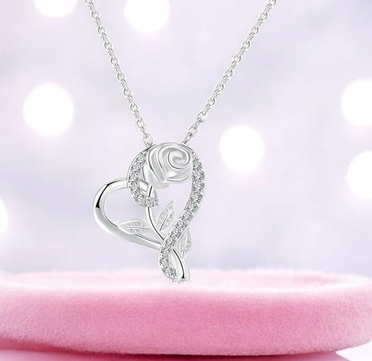 Stylish Silver Plated CZ Chain Pendent Set for Women, Heart Shaped Pendant with Rose Design (Silver)