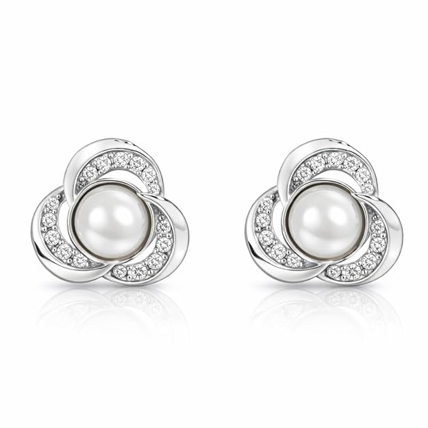 Nilu's Collection Silver Plated Pearl Stud Earrings With American Diamond for Women And Girls