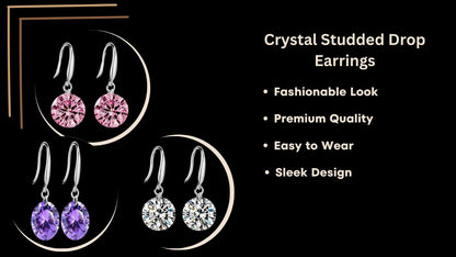 Enchanting Light Weight Cubic Zircon Crystal Drop Earrings for Women and Girls, for Daily Use, Office Use (Purple, Pink & Silver)